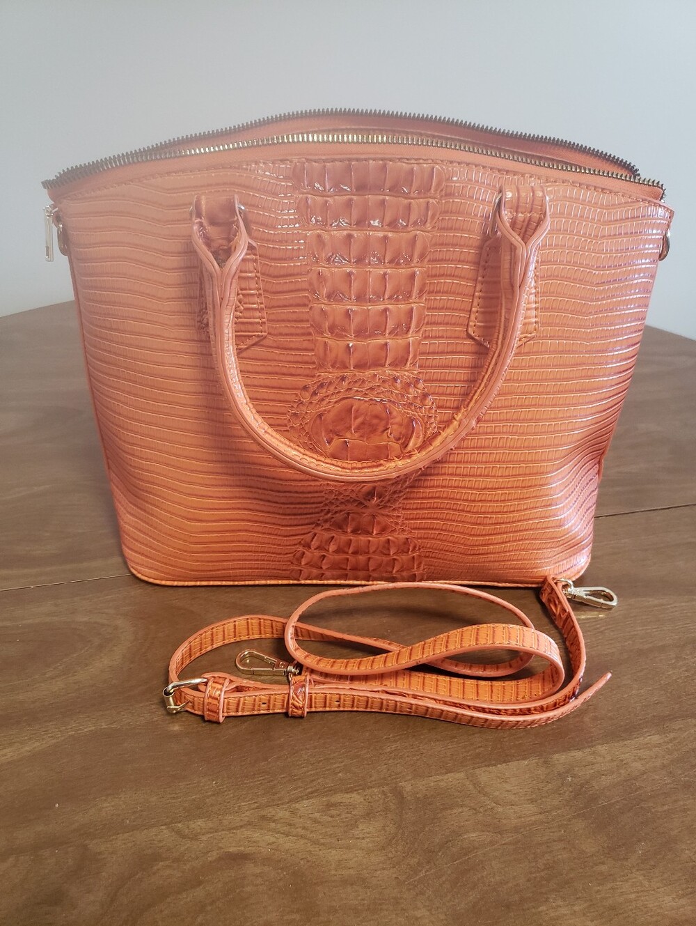 Orange Croc-Embossed Women's Tote Bag with Removable Strap